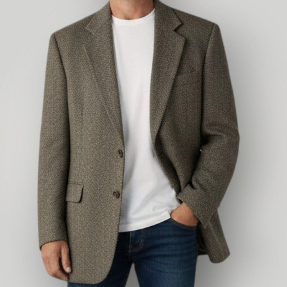 TWEED WOOL Vintage Mens Blazer 46R Sport Coat Jacket Sage Green Herringbone